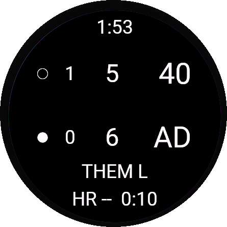 Forerunner 265 showing a padel match: 1 set to 0 for you, games 5–6, points 40 to advantage for them. They serve from the left.