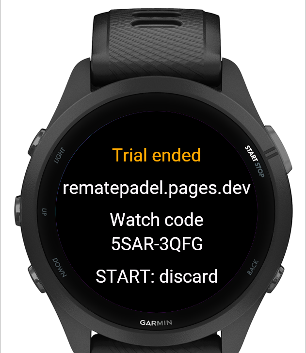 A Forerunner 265 showing Trial ended, the website to visit and the watch code.